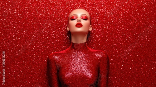 A model poses against a shimmering red backdrop, showcasing bold makeup and a sparkling outfit, exuding elegance and glamour.