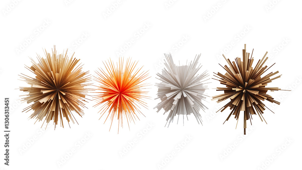 Fototapeta premium Colorful sea urchins with vibrant spiky spines in orange and brown tones, detailed marine biology specimen isolated on a white background