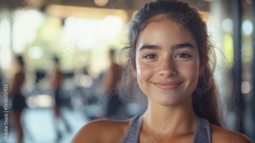 A young Hispanic woman smiles candidly in a gym setting, showcasing joy and confidence. Her relaxed demeanor reflects a healthy lifestyle and enthusiasm for fitness. Free Download A young Hispanic woman smiles candidly in a gym setting, showcasing joy and confidence. Her relaxed demeanor reflects a healthy lifestyle and enthusiasm for fitness. - GFXLoad