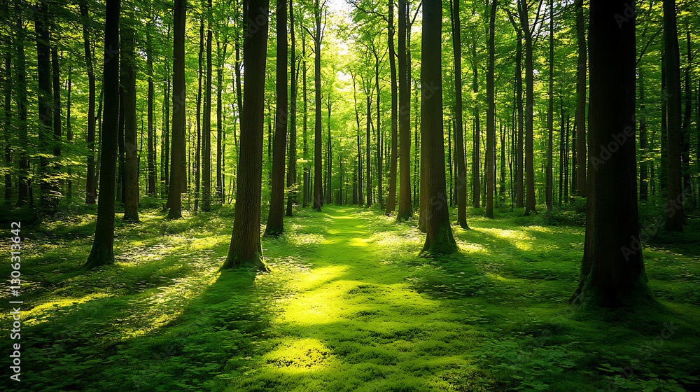 Naklejka premium A peaceful forest with tall trees, sunlight filtering through the leaves