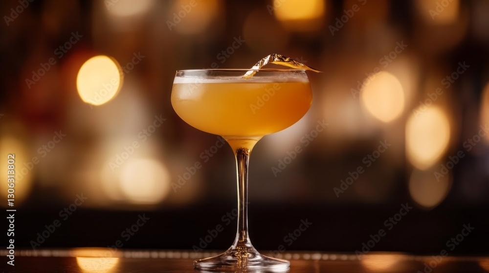 A beautifully presented cocktail sits elegantly on the bar, shimmering with rich colors and a twist of citrus. The warm ambiance of the bar enhances the inviting atmosphere A beautifully presented cocktail sits elegantly on the bar, shimmering with rich colors and a twist of citrus. The warm ambiance of the bar enhances the inviting atmosphere