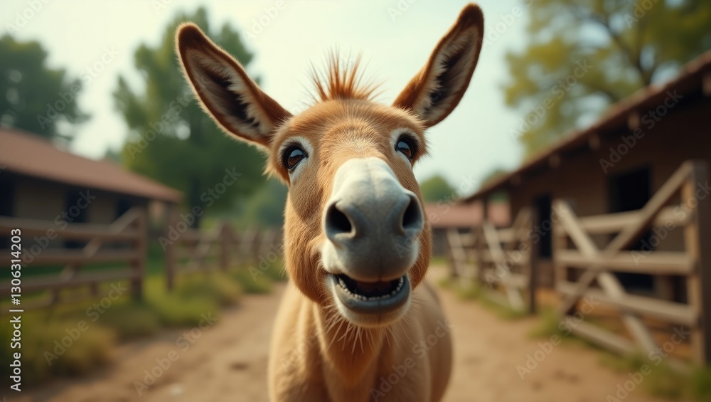 A humorous donkey from a farm gazing into the camera lens. A humorous donkey from a farm gazing into the camera lens.