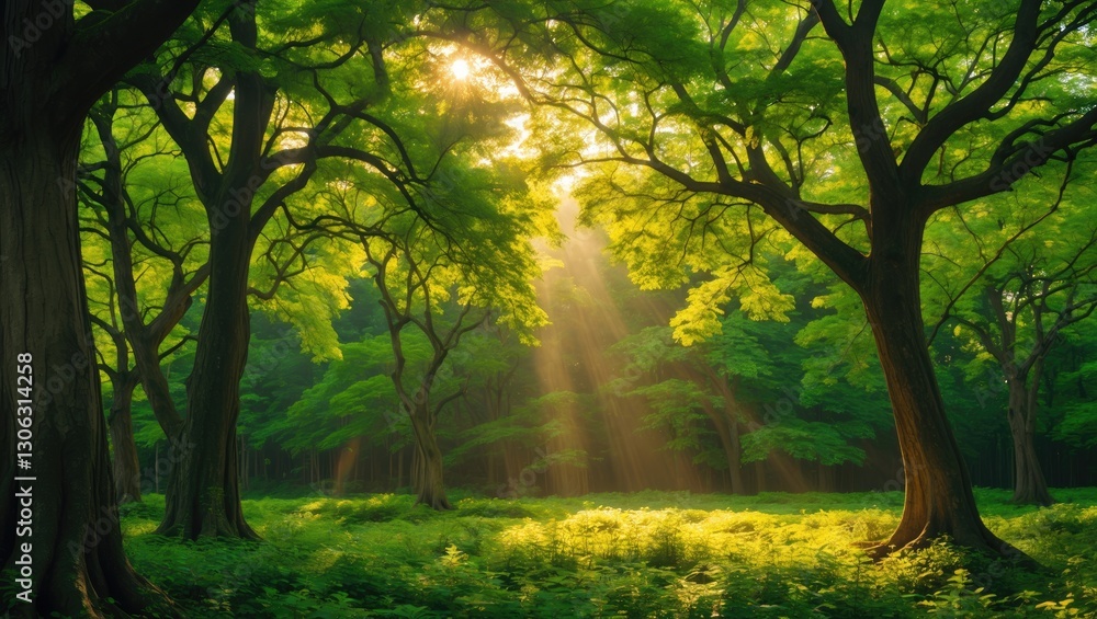 A glimpse into a green deciduous forest illuminated by sunlight filtering through the leaves. A glimpse into a green deciduous forest illuminated by sunlight filtering through the leaves.