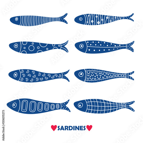 Cute  sardine. Kids background. Sardines, salmon, tuna, tilapia. Vector set. silhouette. Kids illustration.