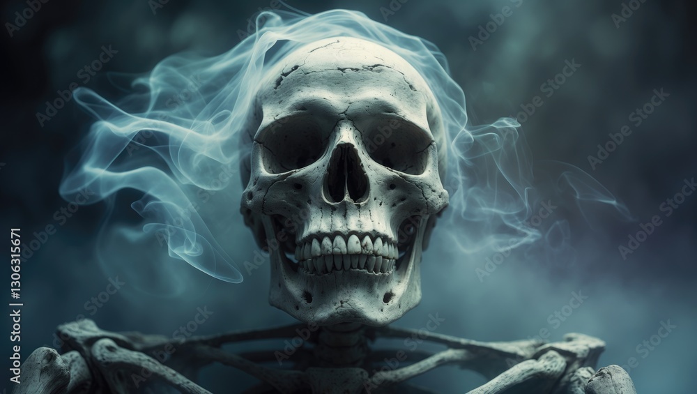 A skull of a skeleton surrounded by wisps of smoke. Themes of horror narratives, ghosts, spirits, and eerie figures in a vintage gothic atmosphere. A skull of a skeleton surrounded by wisps of smoke. Themes of horror narratives, ghosts, spirits, and eerie figures in a vintage gothic atmosphere.