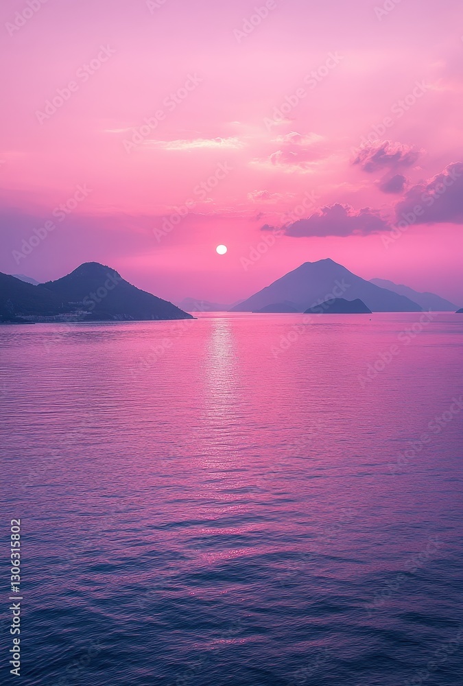 Fototapeta premium Tranquil Sunset Over Serene Water with Majestic Mountains Silhouetted Against a Purple Sky and Gentle Ripples Across the Calm Surface
