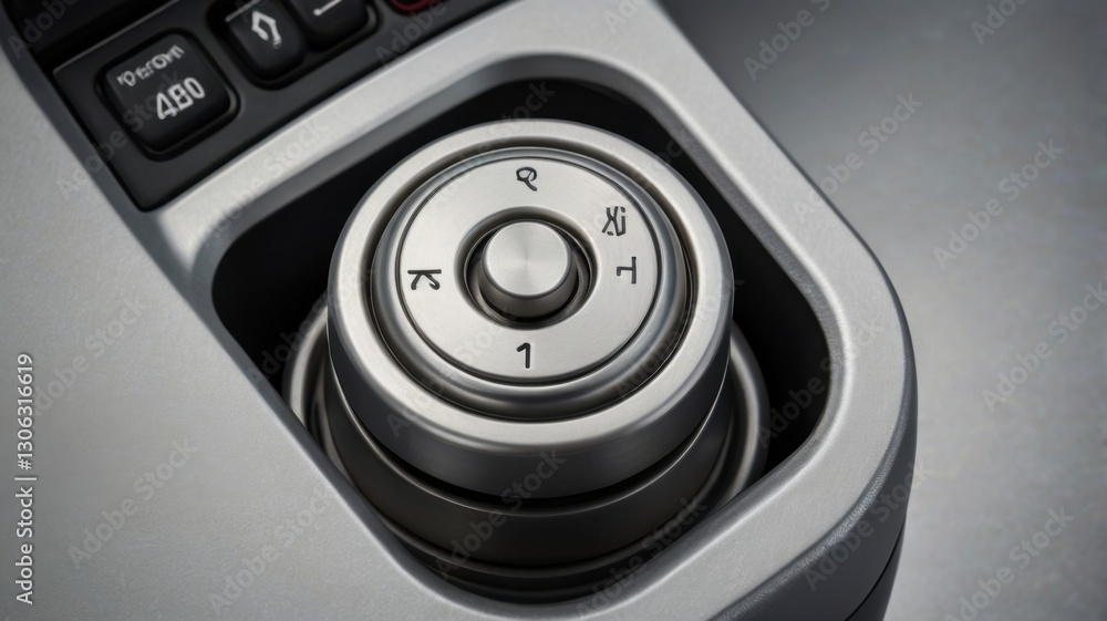 Minimalist Silver Gearshift Icon on Gray Panel Automotive Interior Closeup Minimalist Silver Gearshift Icon on Gray Panel Automotive Interior Closeup