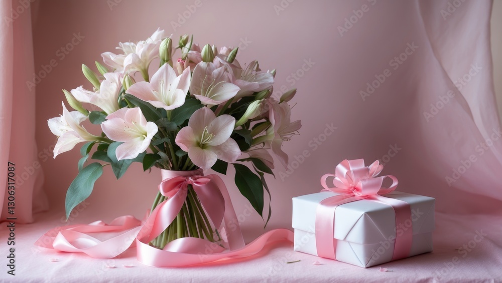 A soft pink background featuring a fresh eustoma flower bouquet alongside a gift box. A soft pink background featuring a fresh eustoma flower bouquet alongside a gift box.