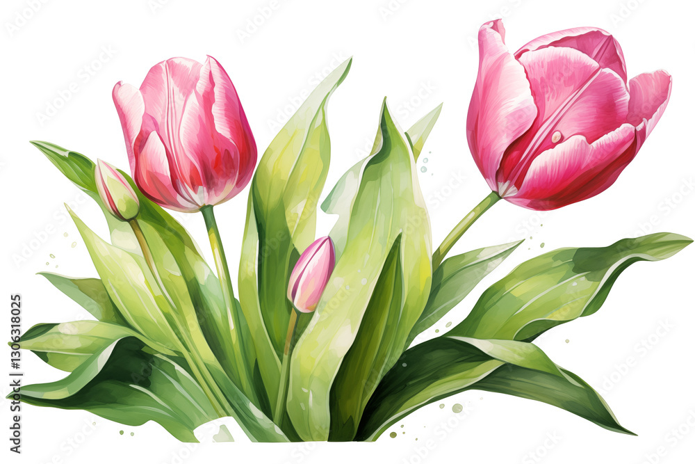 Fototapeta premium Watercolor pink tulip flower illustration with a single bloom and vibrant green leaves