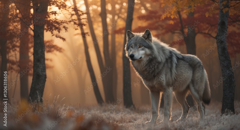 A solitary Arctic Wolf in an autumn woodland A solitary Arctic Wolf in an autumn woodland