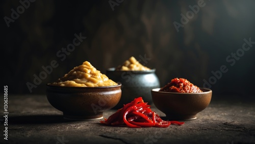 Korean traditional sauces: soybean paste and gochujang (red pepper paste) photo