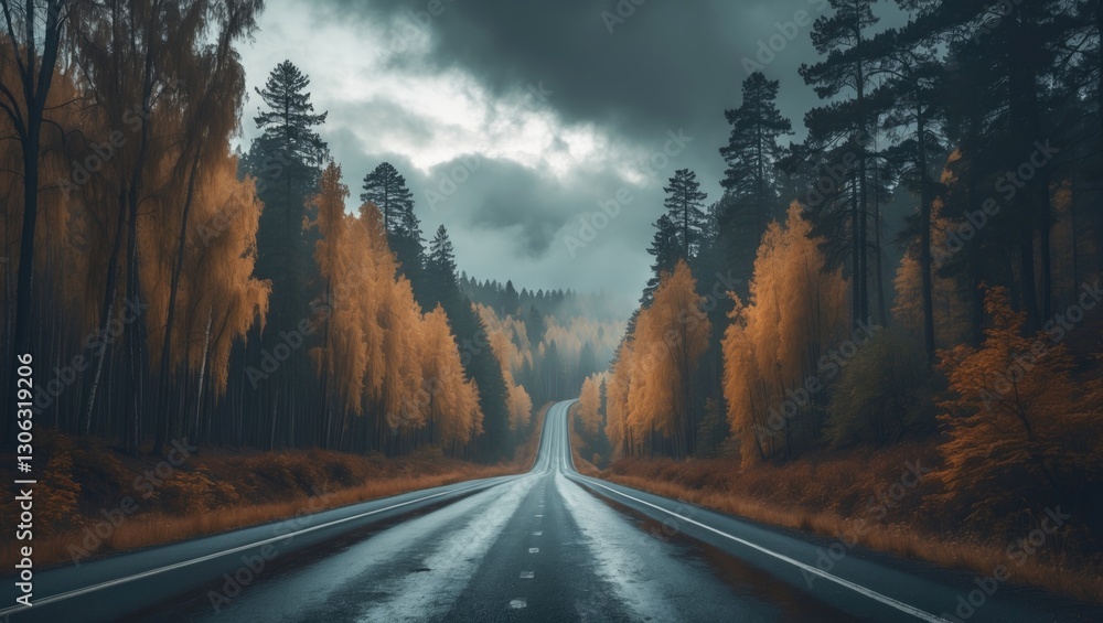 Fototapeta premium Highway winding through an autumnal forest, featuring larch and pine trees, during the day.