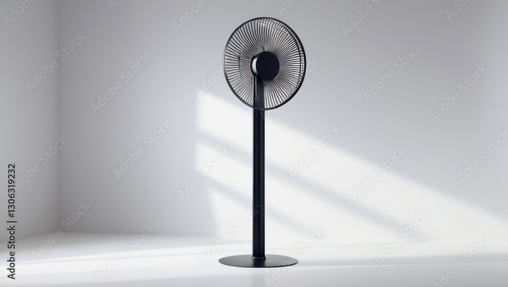 Sleek Modern Black Floor Fan Featuring a Tall Metal Stand in a Bright Studio with a Minimalist White Background and Geometric Patterns Sleek Modern Black Floor Fan Featuring a Tall Metal Stand in a Bright Studio with a Minimalist White Background and Geometric Patterns
