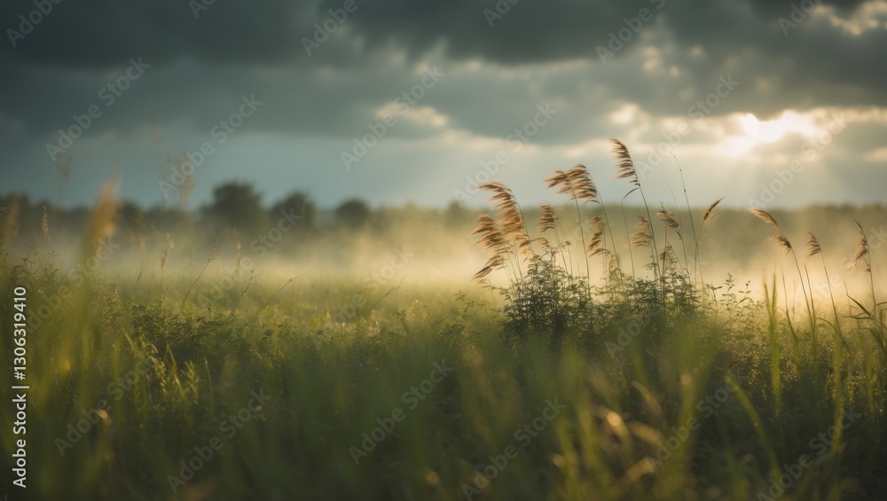Fototapeta premium illuminated meadow and lush vegetation.