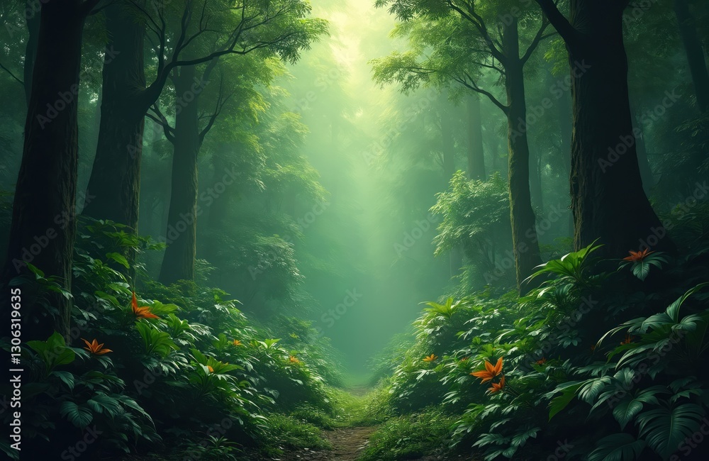 Fototapeta premium Rich green primeval jungle landscape. Forest path winds through trees, plants. Morning mist creates ethereal atmosphere. Tropical nature scene with sunlight filtering light. Adventure background with