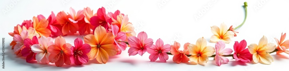 Fototapeta premium Fresh flower lei in bright colors against white backdrop, festive, Flowers, decoration