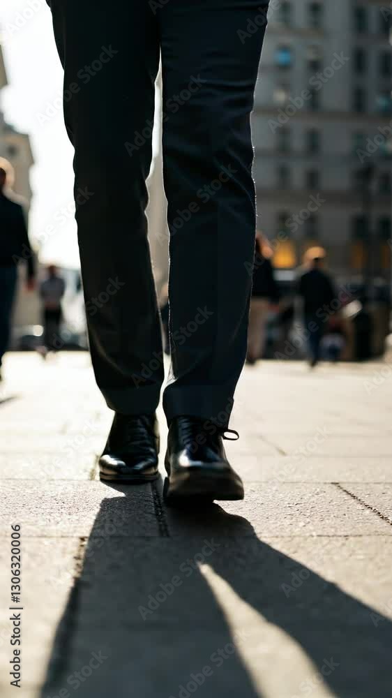 Close-up front view of businessman walking on city street, low angle vertical footage Close-up front view of businessman walking on city street, low angle vertical footage