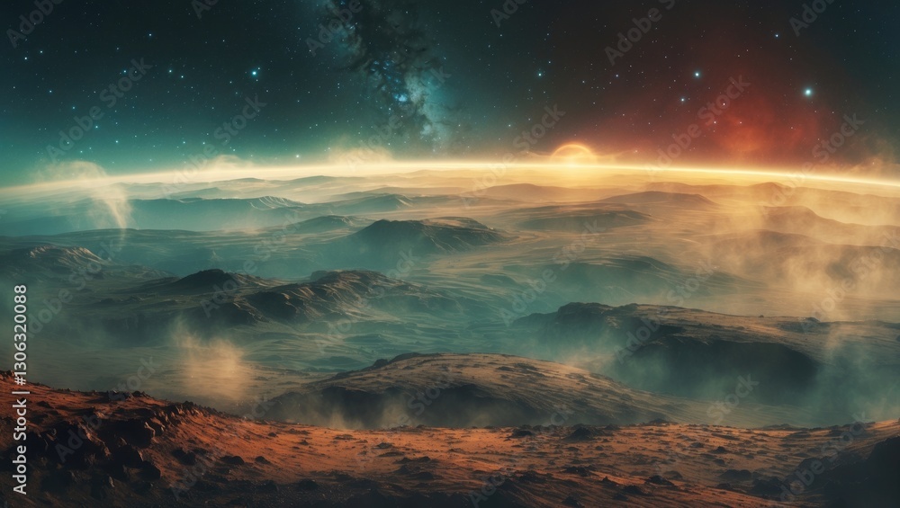 Naklejka premium cosmic scenery featuring a planet's terrain amidst the universe