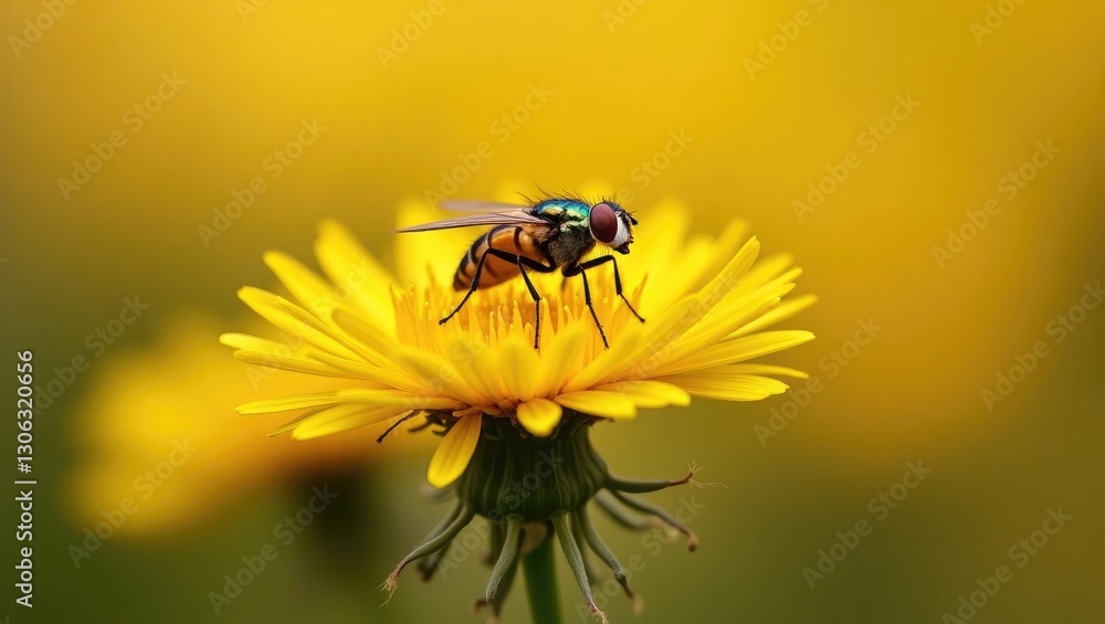 A close-up of a fly on a vibrant yellow dandelion flower set against a soft, blurred backdrop. A close-up of a fly on a vibrant yellow dandelion flower set against a soft, blurred backdrop.