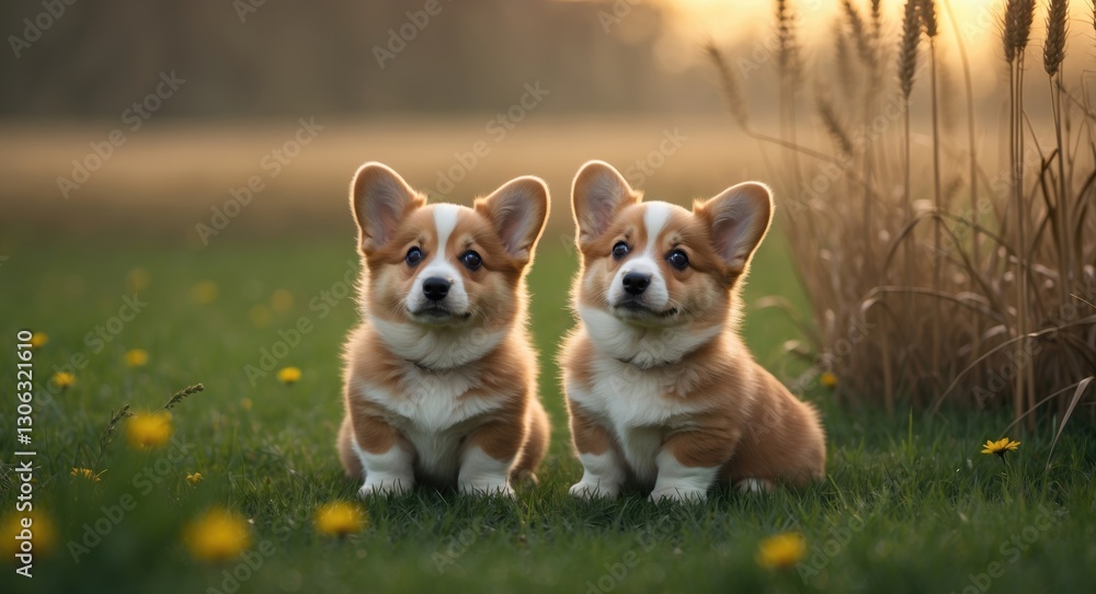 two corgis are resting side by side in a grassy area, two puppies seated in a field.