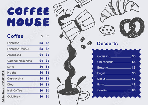 Coffee restaurant menu. Design template with hand drawn food and drink illustrations.