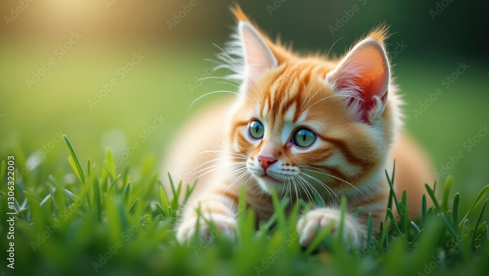 A detailed view of a charming kitten resting on lush green grass. A detailed view of a charming kitten resting on lush green grass.