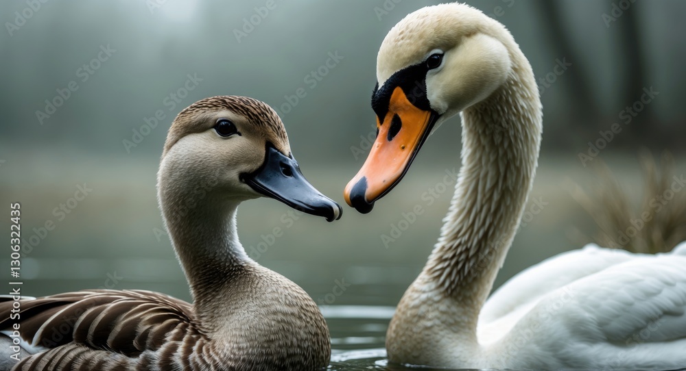 An intimate view of a calm duck alongside a proud swan. An intimate view of a calm duck alongside a proud swan.
