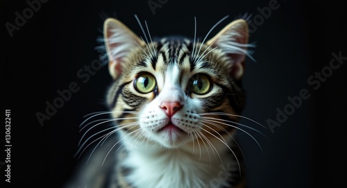 image of a domestic shorthair cat against a dark backdrop