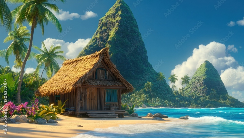 Tropical beach hut on a beautiful island paradise. Lush vegetation, calm ocean, and dramatic mountains. Tropical beach hut on a beautiful island paradise. Lush vegetation, calm ocean, and dramatic mountains.