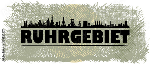 Vektor Silhouette Skyline Industrie im Ruhrgebiet - Textzug - Schrift - Panorama Industriekultur