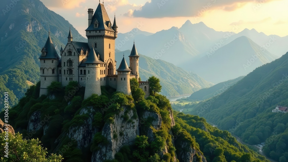 Majestic Castle Perched Atop Rugged Mountain Peak, Overlooking Serene Valley and Distant Ranges at Sunset Majestic Castle Perched Atop Rugged Mountain Peak, Overlooking Serene Valley and Distant Ranges at Sunset