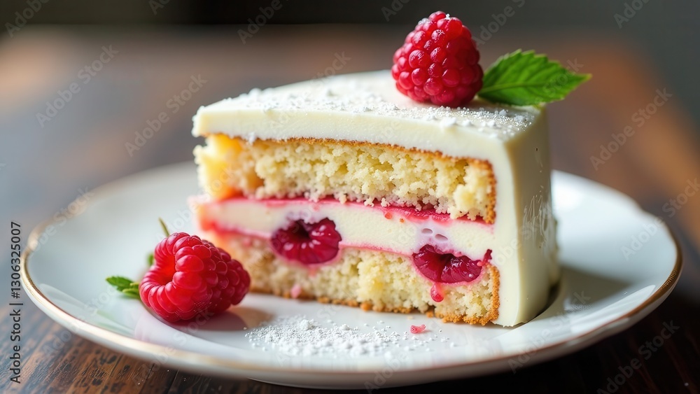 A delectable slice of layered vanilla cake, adorned with fresh raspberries and a delicate dusting of powdered sugar, served on an elegant plate. A delectable slice of layered vanilla cake, adorned with fresh raspberries and a delicate dusting of powdered sugar, served on an elegant plate.