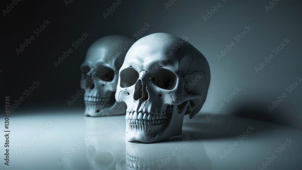 Human skulls placed on a reflective surface with a light background. Human skulls placed on a reflective surface with a light background.