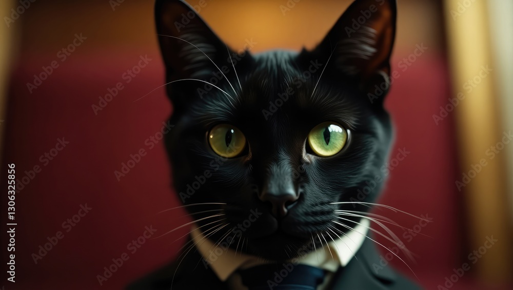 Dressed-up black cat in a room, close-up shot. Dressed-up black cat in a room, close-up shot.
