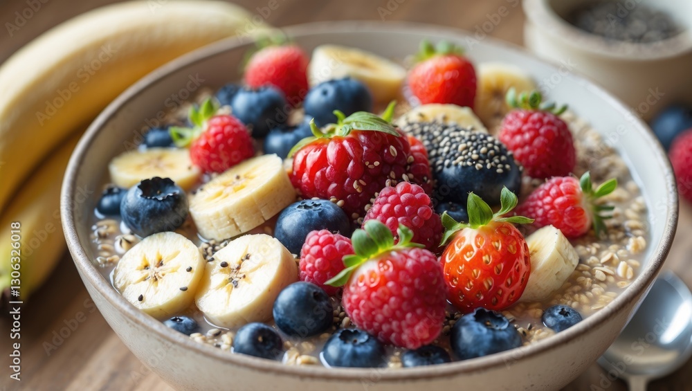 Nutritious homemade oatmeal topped with bananas, blueberries, raspberries, strawberries, and chia seeds. Nutritious homemade oatmeal topped with bananas, blueberries, raspberries, strawberries, and chia seeds.
