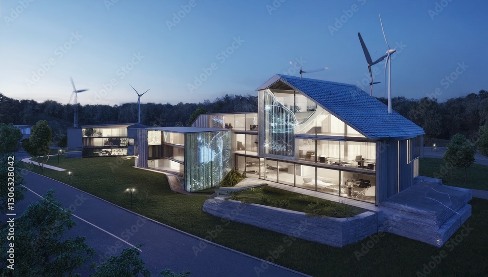 Modern sustainable office complex at twilight with wind turbines