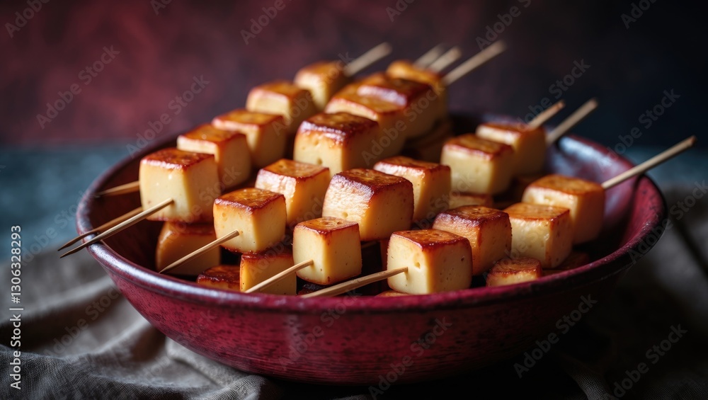 stack of skewers containing grilled coalho cheese in a crimson bowl stack of skewers containing grilled coalho cheese in a crimson bowl