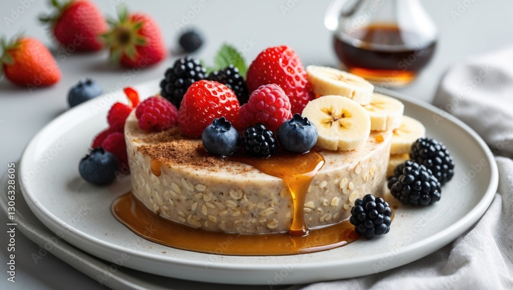 Wholesome brunch oatmeal with fruits. Nutritious lifestyle choice. Strawberries, raspberries, blackberries, blueberries, and banana. Drizzled with maple syrup, sprinkled with cinnamon. Served on a ... Wholesome brunch oatmeal with fruits. Nutritious lifestyle choice. Strawberries, raspberries, blackberries, blueberries, and banana. Drizzled with maple syrup, sprinkled with cinnamon. Served on a ...