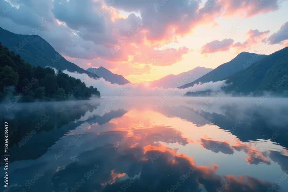 Misty dawn shrouds serene lake, distant mountains , mist, majestic mountains, beautiful Misty dawn shrouds serene lake, distant mountains , mist, majestic mountains, beautiful