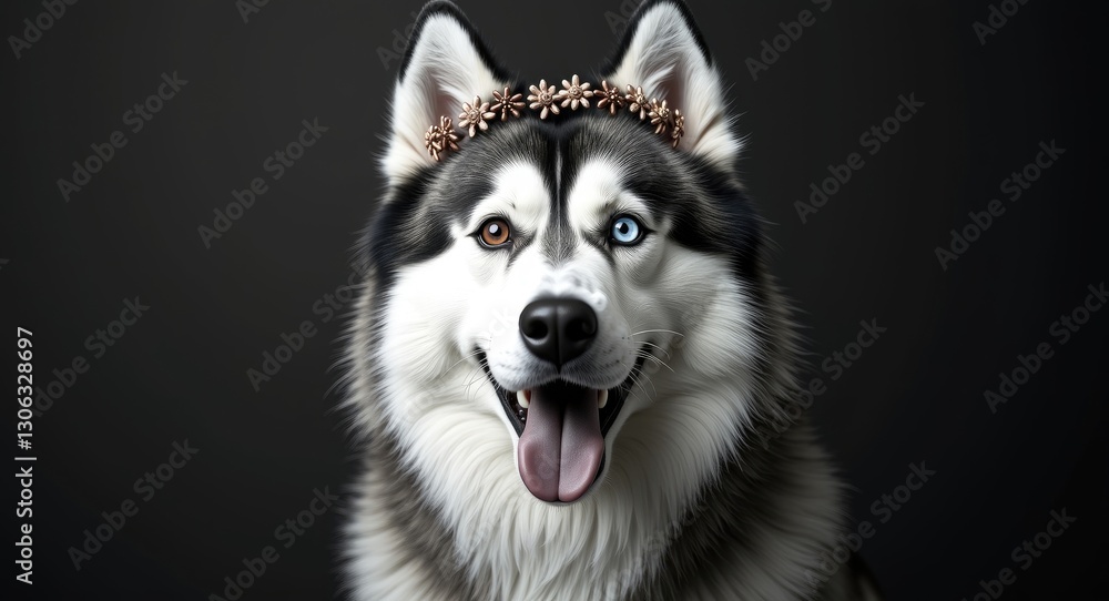 Beautiful husky. Distinctive black and white fur with unique eye colors. Adorned with a floral crown. Beautiful husky. Distinctive black and white fur with unique eye colors. Adorned with a floral crown.