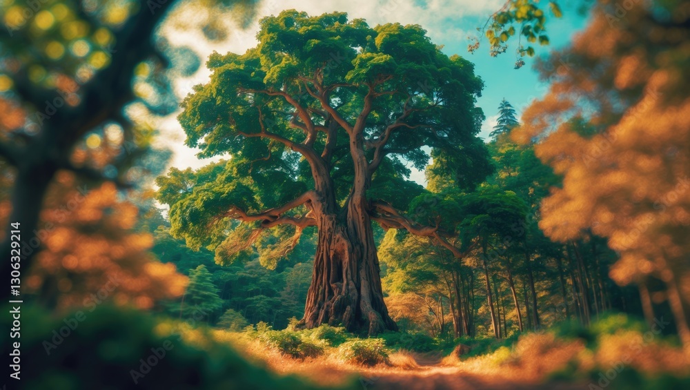 Fototapeta premium Image featuring a forest with a majestic tree, camphor, and ecological elements.