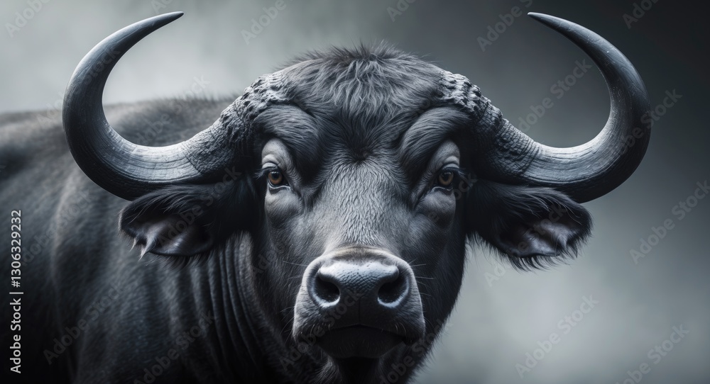 Portrait of the head and neck of a domesticated buffalo, which is the tamed variant of the water buffalo. Portrait of the head and neck of a domesticated buffalo, which is the tamed variant of the water buffalo.