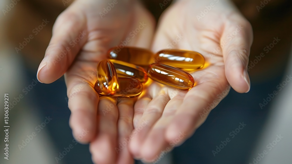 Close-Up of Hands Holding Softgel Capsules in Natural Light Setting with Warm Tones Close-Up of Hands Holding Softgel Capsules in Natural Light Setting with Warm Tones