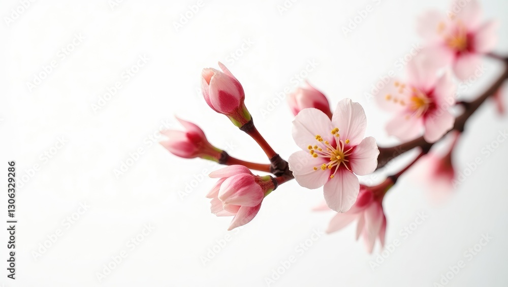 Obraz premium delicate cherry plum twig with blossoms, set against a white backdrop