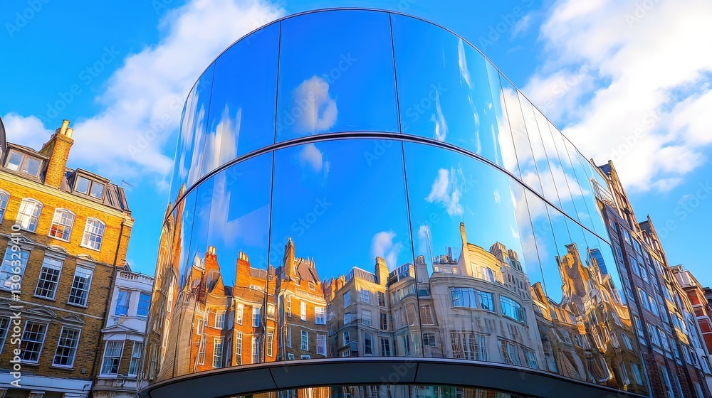 Naklejka premium Modern Building Reflecting Cityscape Under Blue Sky