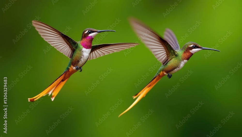 Fototapeta premium Golden-bellied Starfrontlet Hummingbirds, Coeligena bonapartei, in dynamic flight with extended wings and vibrant golden tails, set against a lush green backdrop in Chicaque Natural Park, Colombia....