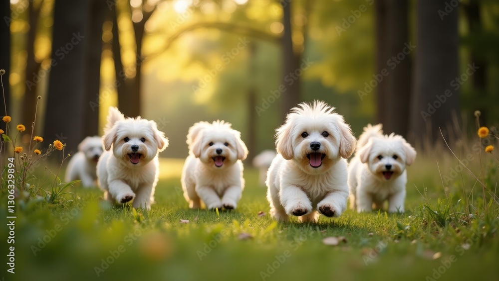 Havanese puppies frolicking in the meadows and forest outdoors Havanese puppies frolicking in the meadows and forest outdoors