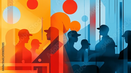 Workers engaged in collaboration highlighted by vibrant graffiti-style art