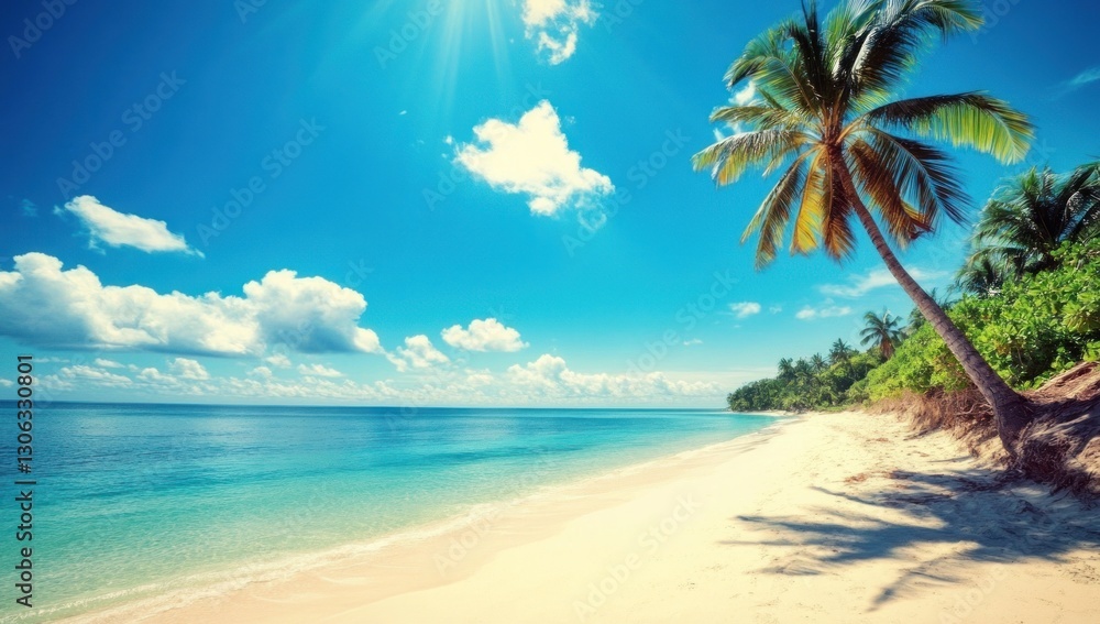 Obraz premium Tropical beach paradise with a coconut palm tree on the shore, vivid blue water, white sand, and sunny sky.