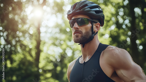 Close-up Strong cyclist with chiseled body wearing sunglasses and helmet